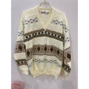 Vintage Oswal Argyle Knit Sweater V-Neck Pullover Size 42 Multicolor